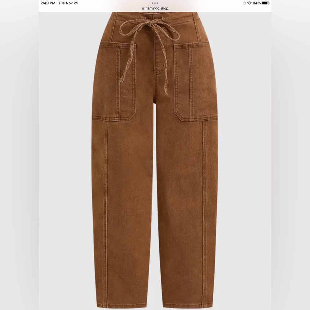 Flamingals Women's Patch Pocket Drawstring Mid Rise Crop Pants Brown Medium New